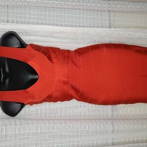 Vintage Bebe Red Orange Bodycon V -Neck Sleeveless Mini Dress SzS